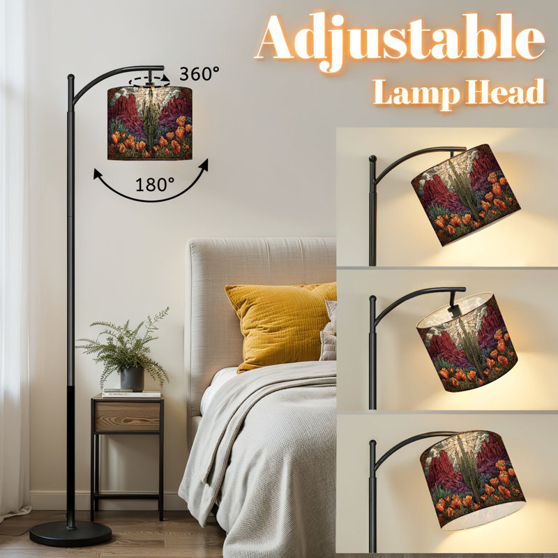 Arc Floor Lamp with Adjustable Lampshade Patterned Inspired Desert Scenes Standing Lamp 3 Color Temperatures Dimmable Tall Pole Lamp with Foot Switch for Bedroom