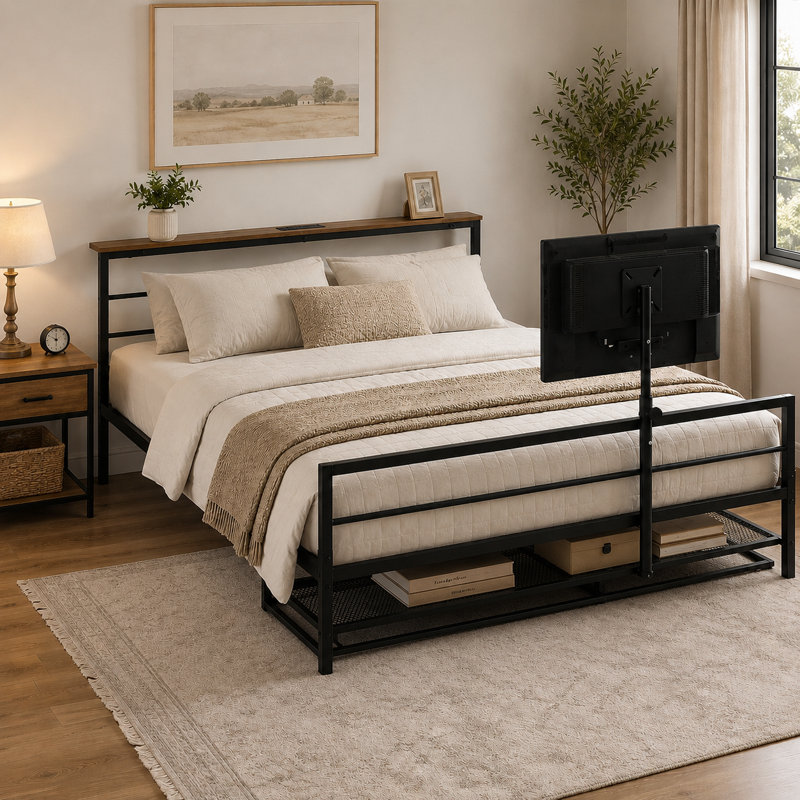 Full Size Metal Gaming Bed Frame with Rotating TV Mount, Open Storage Shelf, Built-In Charging Station, No Box Spring Needed