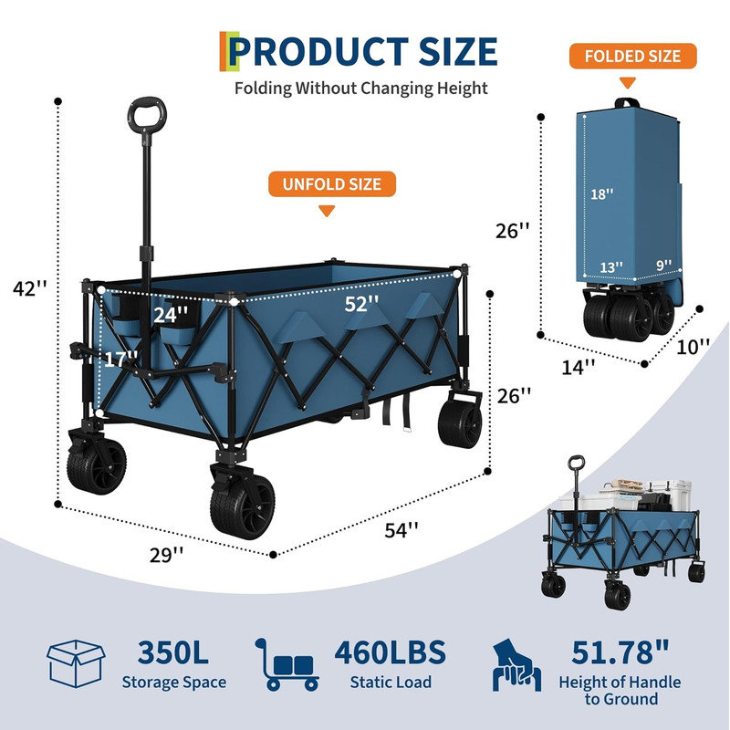 Heavy Duty Foldable Wagon for Beach, Extra Large Collapsible Foldable Wagon for Camping, All Terrain Beach Wagons Extended with Cup Holders for Sand