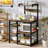 Kitchen Bakers Rack With Power Outlet, Industrial Microwave Oven Stand Coffee Bar Station With 5 S-Hooks, Freestanding Kitchen Storage Organizer With Open Shelves For Spices, Cups, Pots