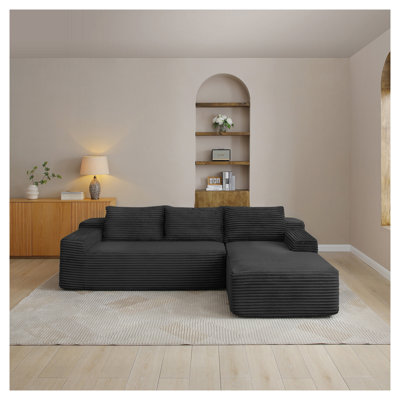 Canapé d'angle modulaire de 246 cm avec méridienne, canapé en velours côtelé d'angle pour salon, assise profonde et moderne, noir