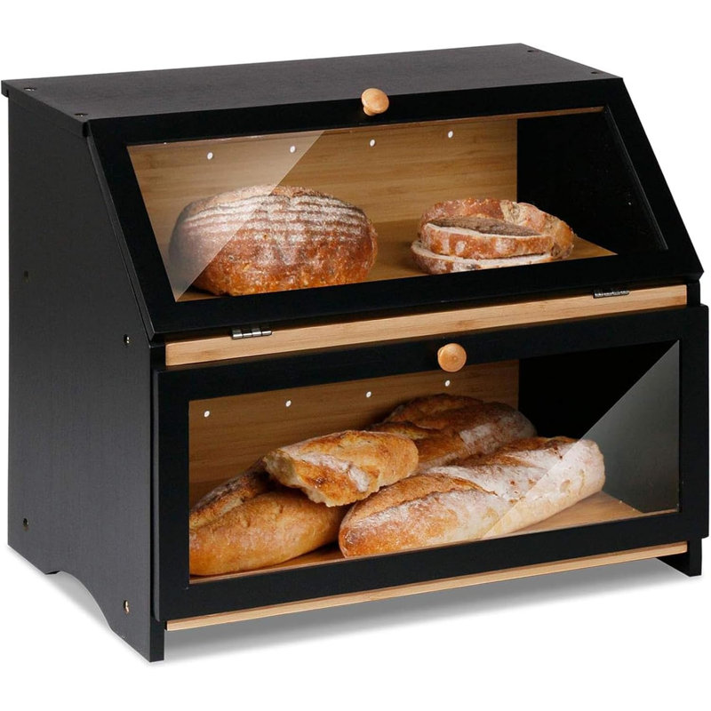 Double Layer Large Bread Box For Kitchen Counter, Wooden Large Capacity Bread Storage Bin (Black)