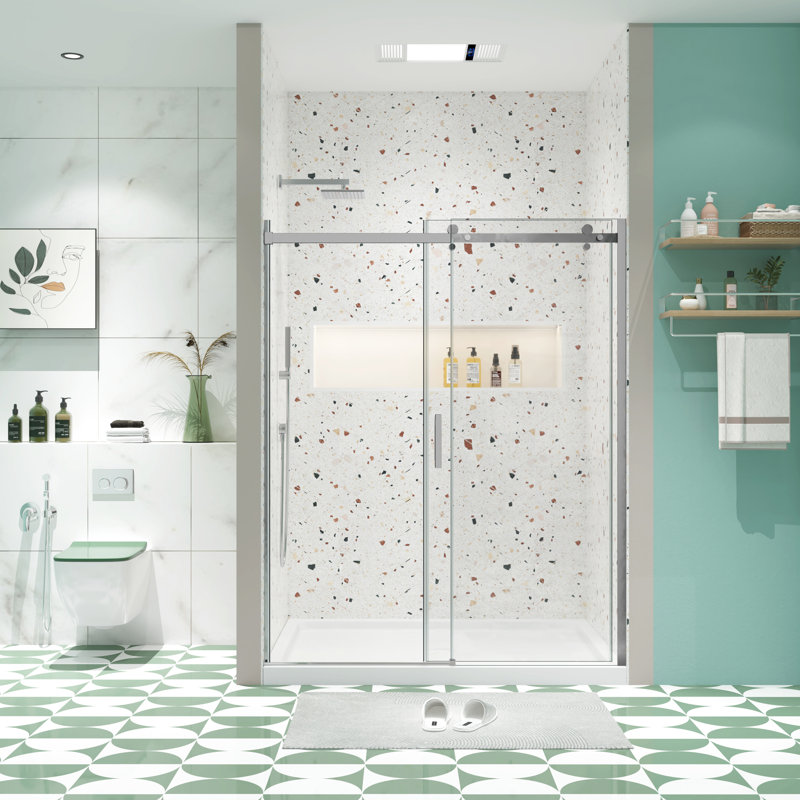 Porte de douche coulissante en verre trempé de 5/16 po - réglable pour salle de bain murale inégale avec rail lisse