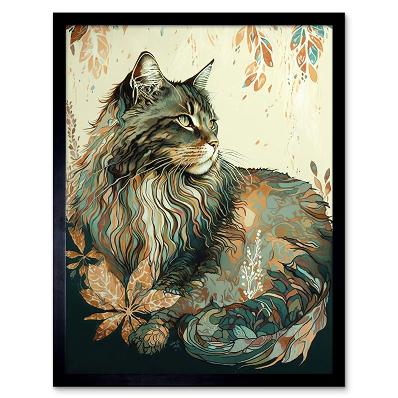 Maine Coon Cat With Flower Pattern Modern Watercolour - Single Picture Frame Print