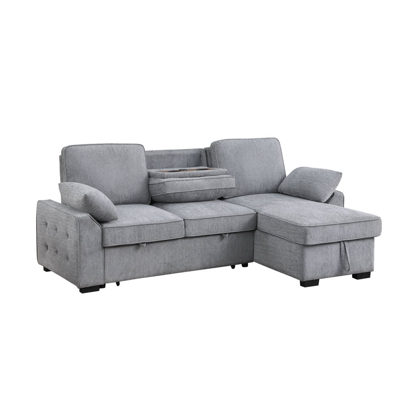 Mackenzie 91"W Light Gray Chenille Fabric Reversible Sleeper Sectional with Storage Chaise, Drop-Down Table, Cup Holders and Charging Ports