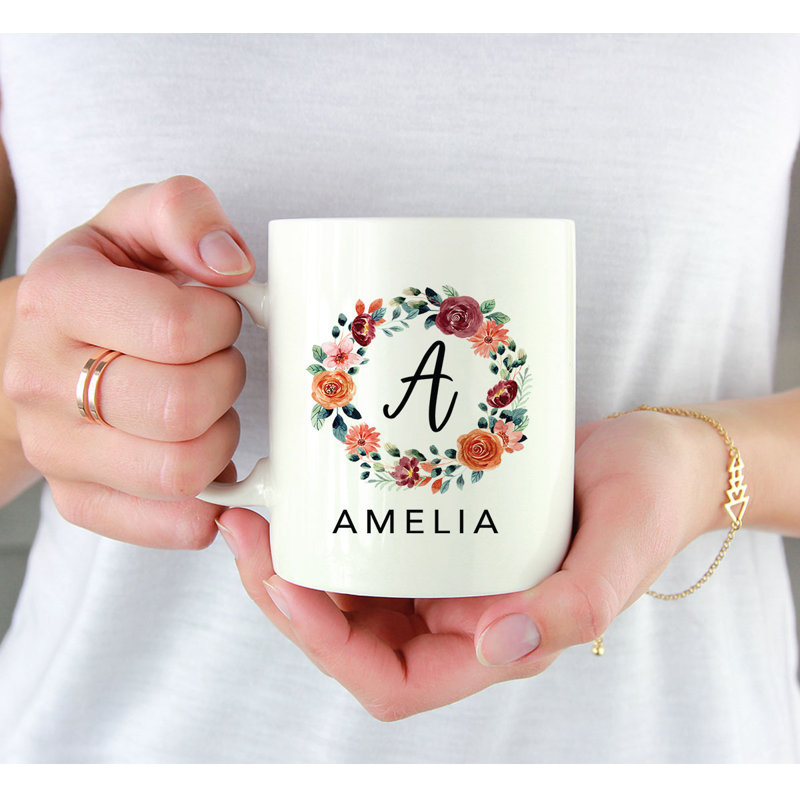 Custom Monogram Initial Coffee Mug Gifyt Letters A-Z, Floral Wreath Custom 11Oz Ceramic Coffee Mug,  1-Pk, Yes