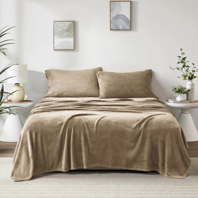 4 Pcs Full Sheet In Taupe Color, 100% , Brushed On Both Sides For A Cozy Feel, With Complete Bed Linens , Taupe, Sides, Softness, Flat Sheet, Fitted Pillowcases, Fits 16" Mattresses