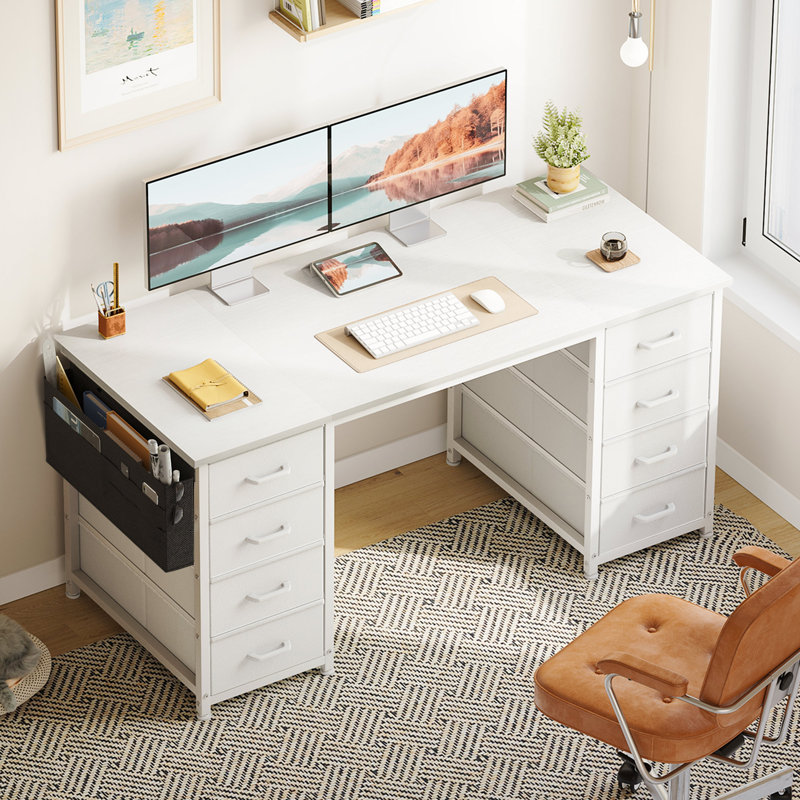 Home Office Desk With 8 Spacious Fabric Drawers, Modern Writing Desk With Sturdy Design, Corner Desk With Reversible Structure