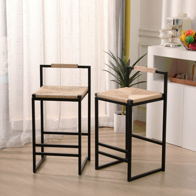 Set Of 2 Bar Stools With Back Paper Rope Woven Counter Height Dining Chairs For Kitchen, Home (Paper Rope With Back)