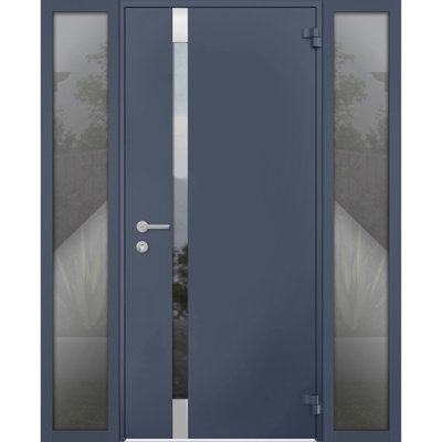 Front Exterior Prehung Steel Door / Cynex 6777 Grey / 2 Side and Top Exterior Window / Stainless Inserts Single Modern Painted-W12+32+12" x H80+16"-Left-hand Inswing