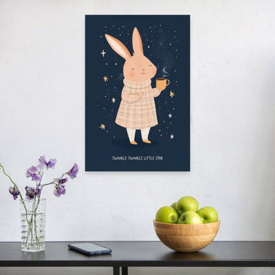 Cozy Bunny Night Peaceful Abstract Contemporary Rabbit Forest Landscape Wall Art Print by Mathieu - Wrapped Canvas Print