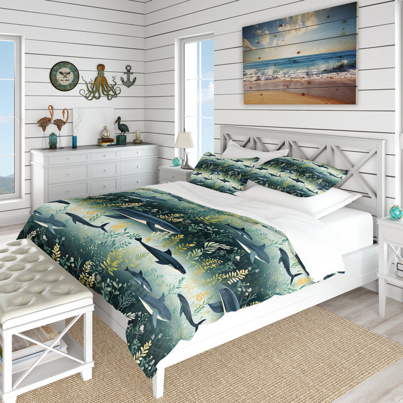 Ensemble de housse de couette Oceanic Whale, Housse de couette simple + 1 taie décorative stan