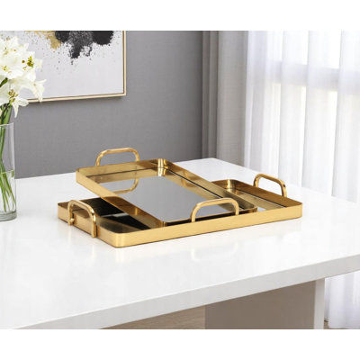 Ensemble de deux plateaux de service en verre doré et miroir