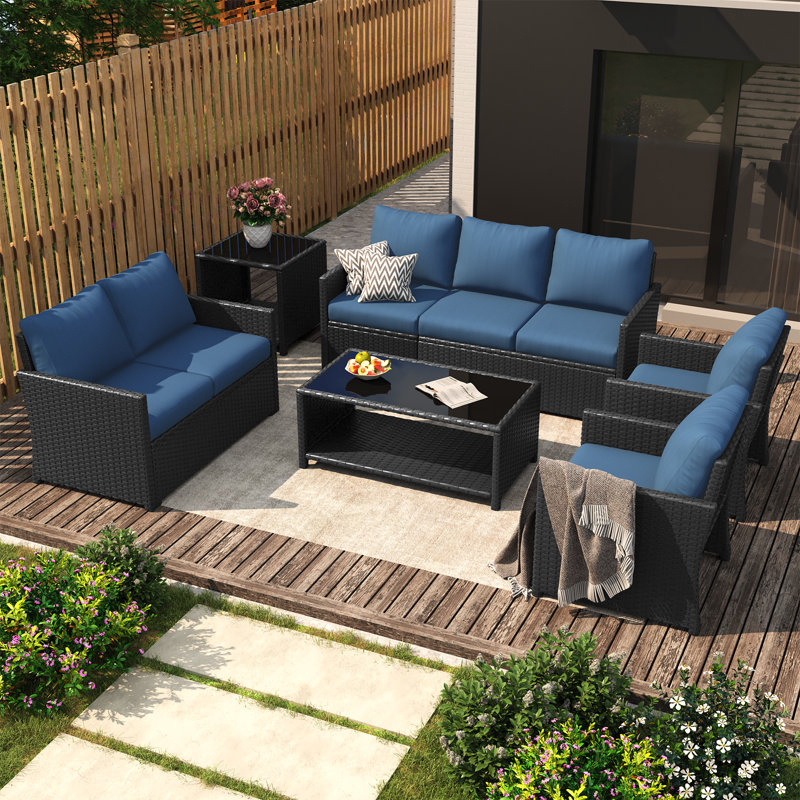 7 - Person Outdoor Seating Group with Cushions and Cover, Dark Blue Cushion/Black Frame