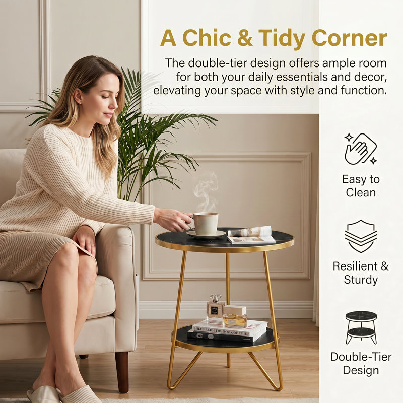 Oni Faux Marble End Table with Storage Shelf, Black/Gold