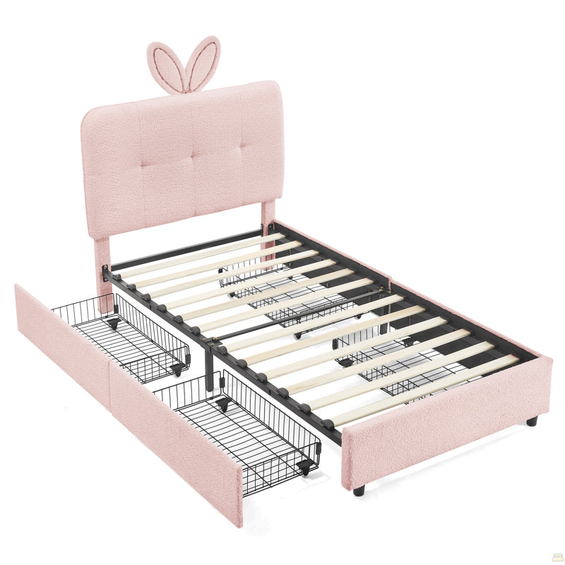 Lit simple tapissier pour enfants avec tête de lit surdimensionnée pour oreilles de lapin, Lit simple, Rose
