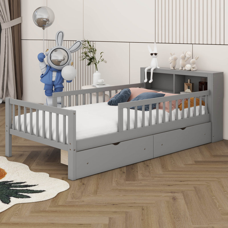 Lit plateforme simple pour enfant avec support de tête de lit, deux tiroirs sous le lit, trois barrières de sécurité pour plus de sécurité