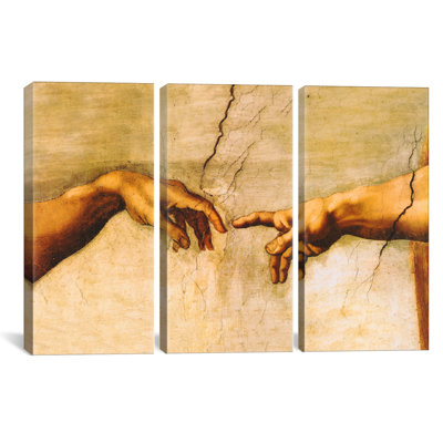 Ensemble de 3 reproductions d’art sur toile tendue, "di lodovico buonarroti simoni création de adam" par michelangelo