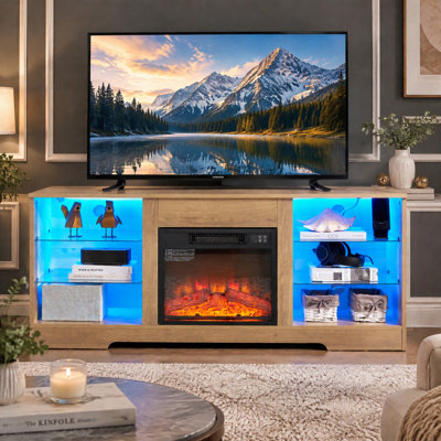 Meuble télé 58 po avec foyer électrique, centre de divertissement moderne avec lumières 3D à DEL, tablettes en verre et prise de courant USB pour téléviseur de 62 po ou moins