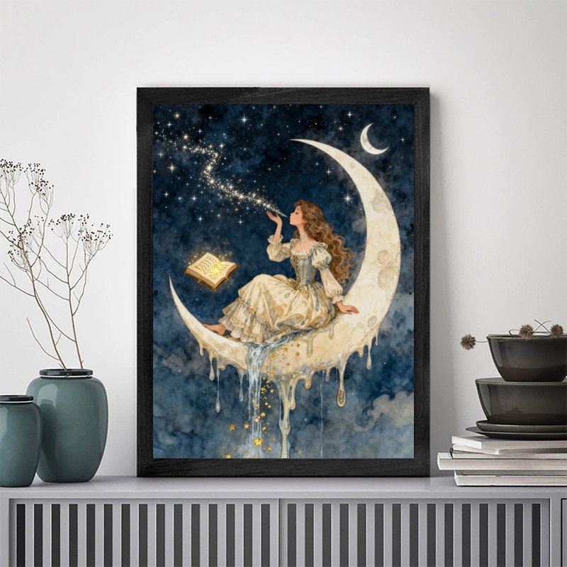 Art mural noir inspiré de la lune, femme encadrée, décorations célestes bohémiennes mystiques, H 11 po x l 9 po