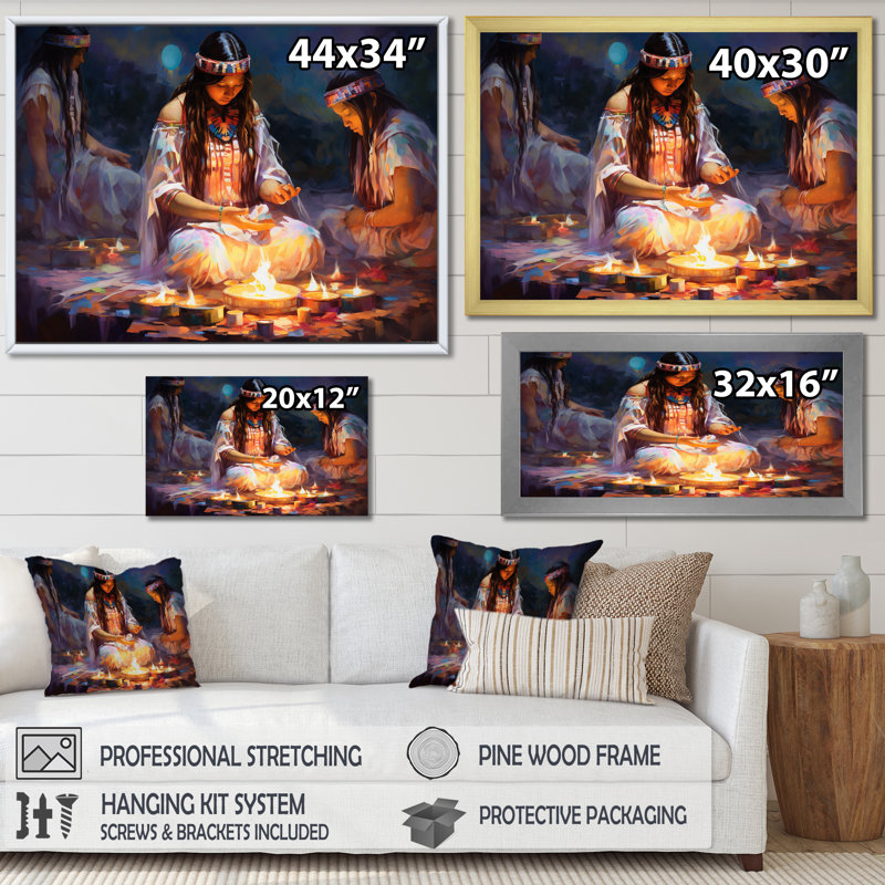 Native American Heal Ritual Memory - Art mural sur toile, art amérindien, H 30 po x l 40 po x P 1,5 po, Cadre flottant doré