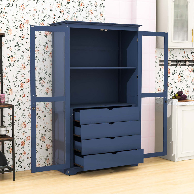 Armoire de cuisine avec portes en verre et 4 tiroirs, Bleu