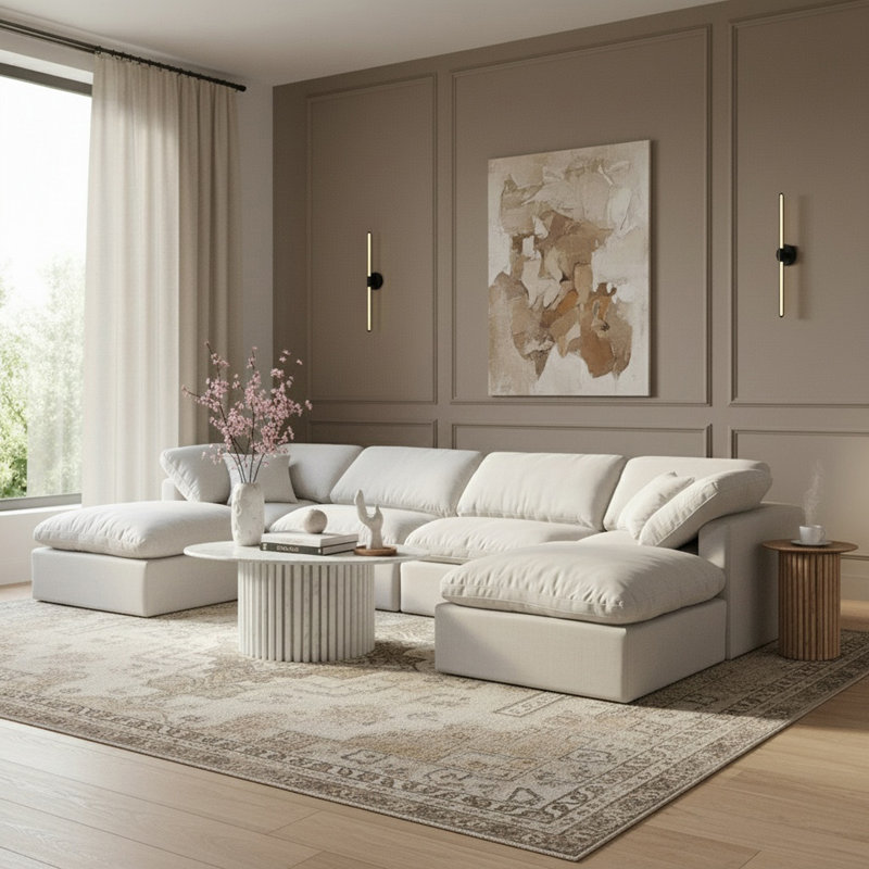 Canapé modulaire en coin 6 pièces Hinami, Tissu texturé en lin blanc