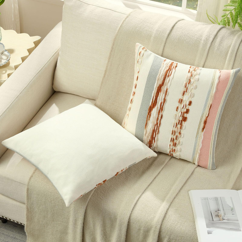 Ensemble de 2 housses de coussin décoratif rouille beige 18 x 18 po, housse de coussin texturée touffetée et rayée, coussins bohème décoratifs