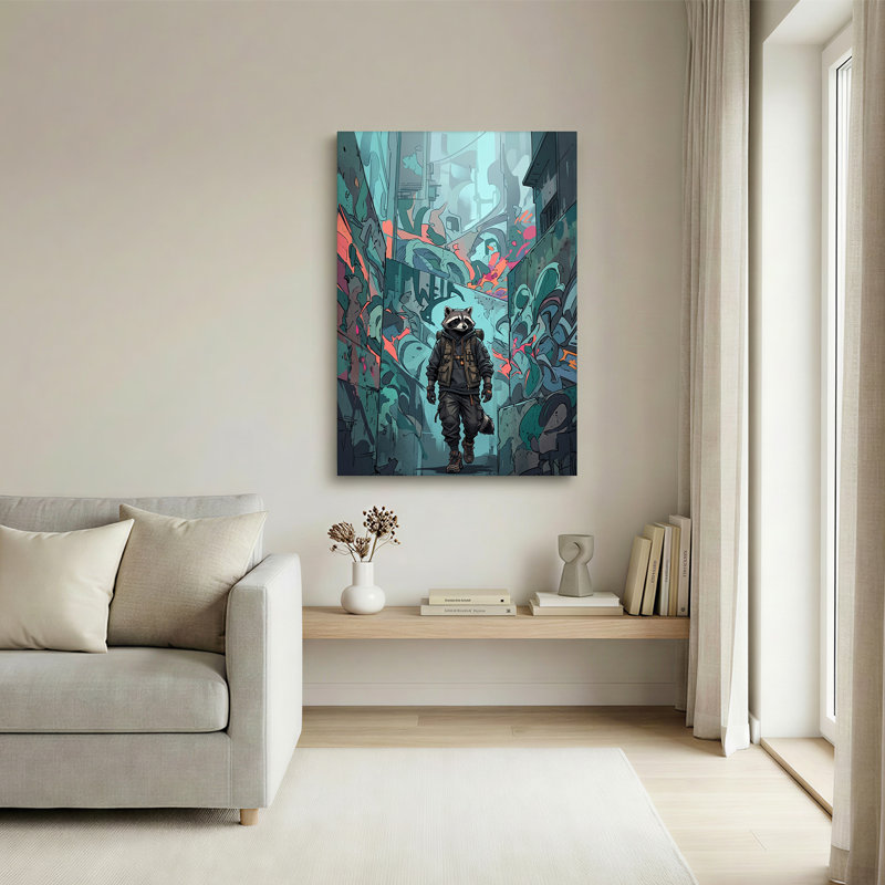Raton laveur portant un équipement tactique dans une allée graffiti, 30"H x 20"W