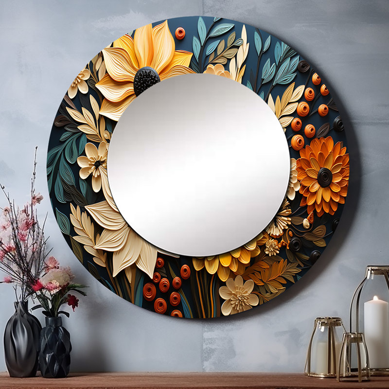 Abstrait tournesols symphoniques - miroir mural décoratif tournesols, miroir rond jaune, impression d'art en métal