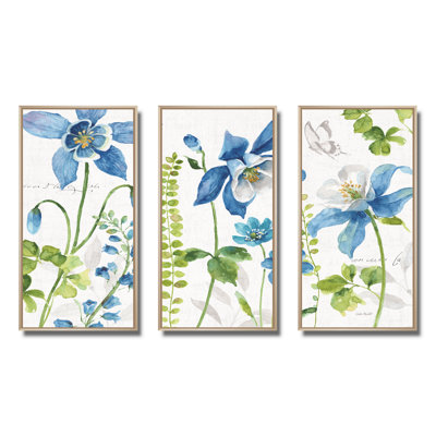 «Bluebell and Columbine Wild Flowers With Butterfly», ensemble d'art mural sur toile encadré traditionnel de 3