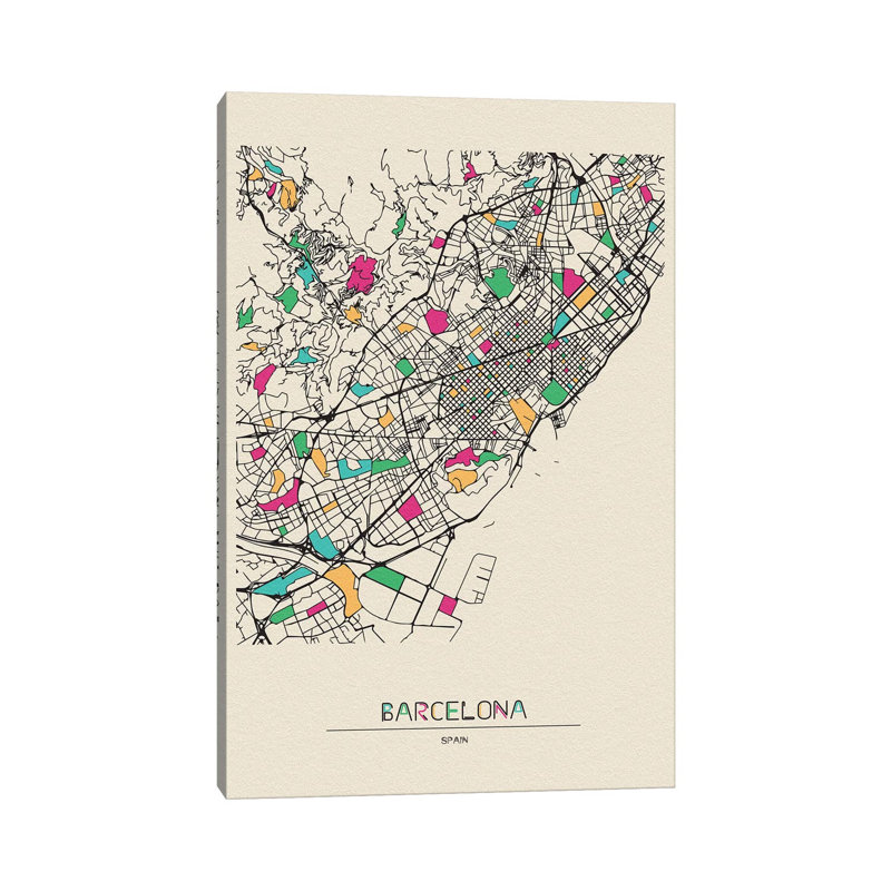 Carte de Barcelone, Espagne par Ayse Deniz Akerman - impression sur toile tendue, H 40 po x l 26 po x P 1,5 po
