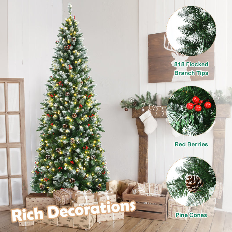 7' Pre-Lit Snow-Flocked Pine Christmas Tree with Pine Cones and Berries