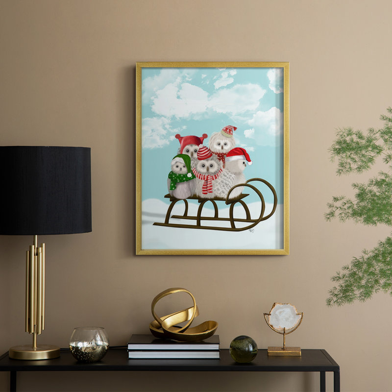 «Christmas Christmas Owl», reproduction encadrée en bois massif, H 11 po x l 9 po, Doré