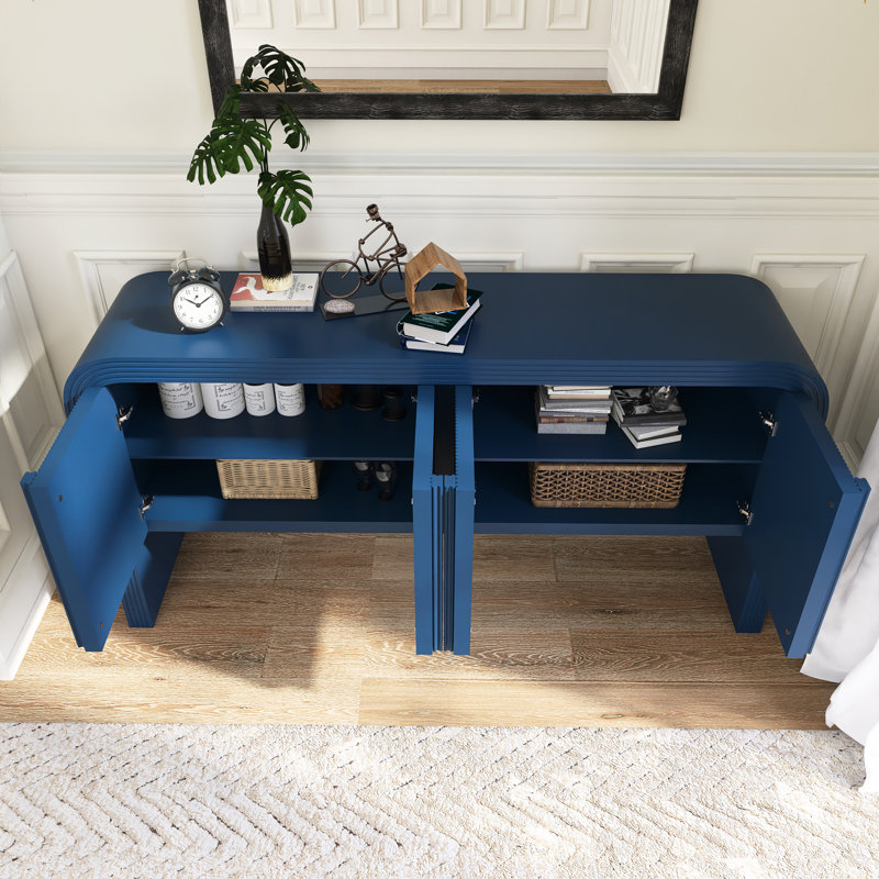 63" W Wood Wave-Pattern Storage Cabinet With Adjustable Shelf, Blue
