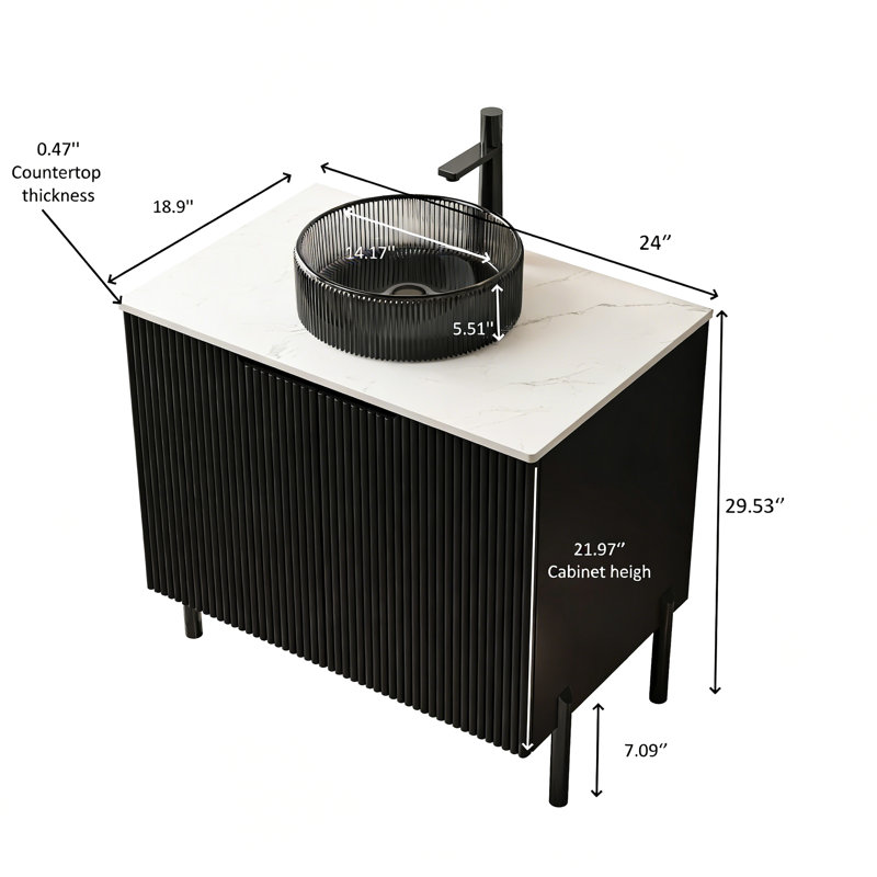 Meuble-lavabo autoportant de 24 po avec lavabo rond en verre noir transparent, 2 portes, comptoir en pierre frittée blanche, système de fermeture en douceur pour une utilisation à long terme 24