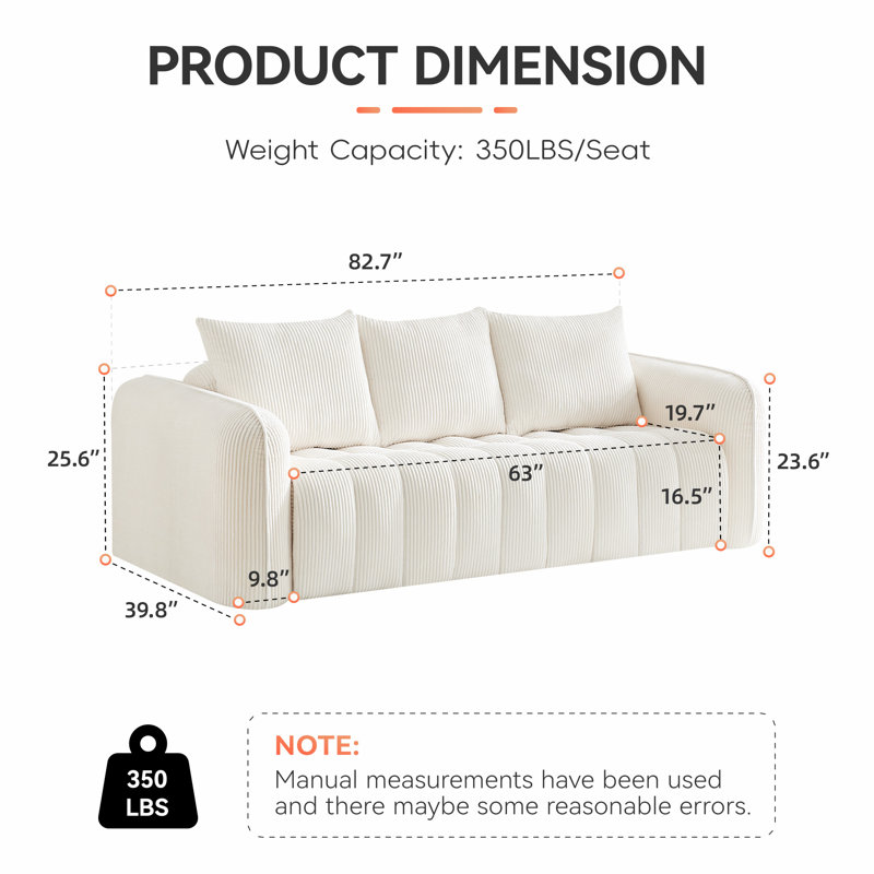 Boneless Boneless Corduroy Sofa, Oversized Deep Seat Couch with Rounded Armrest, Modern Upholstered Cloud Sofa for Living Room, No Assembly