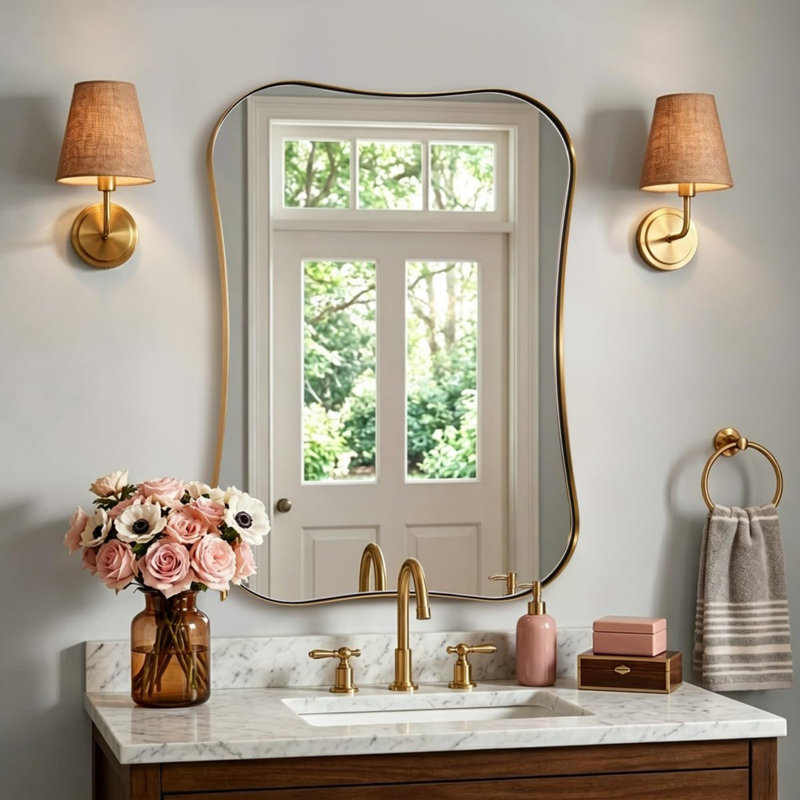 Miroir de salle de bain Contemporary Cadre en acier inoxydable, Or brossé, 40 po x 30 po