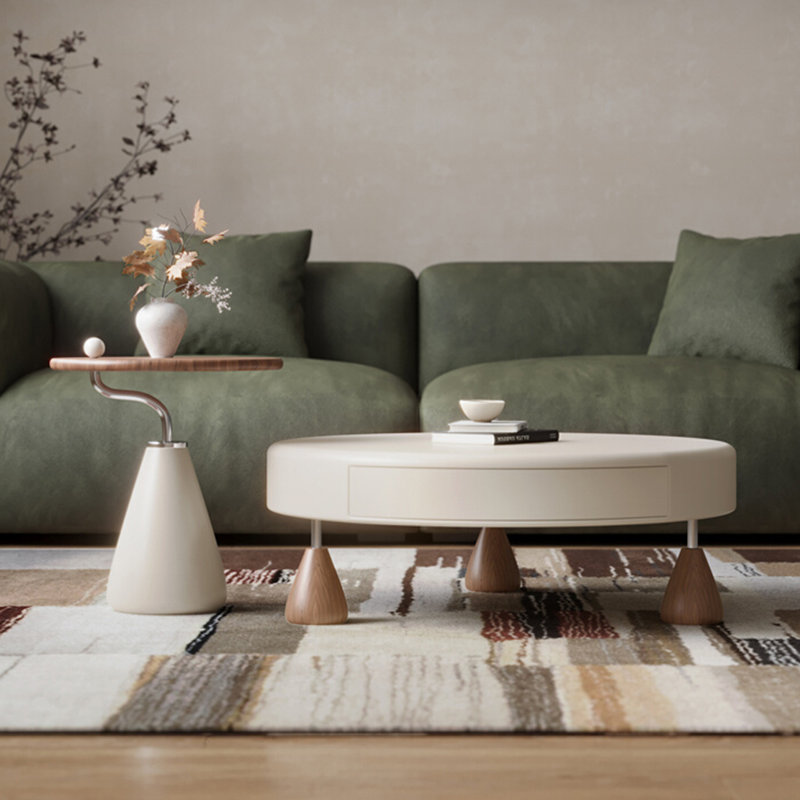 Table basse ronde avec tiroirs crème