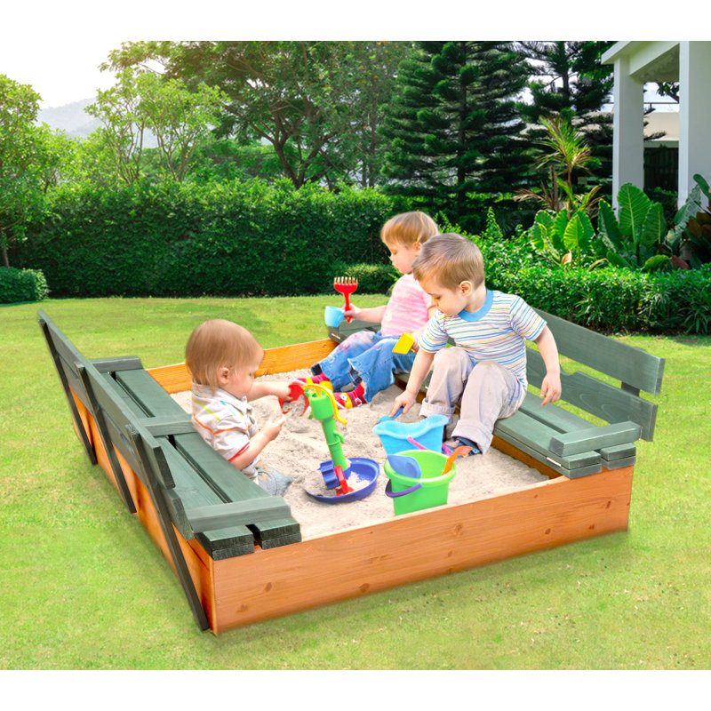 Natural Green Cedar Wood Square Sandbox with Convertible Bench Seats