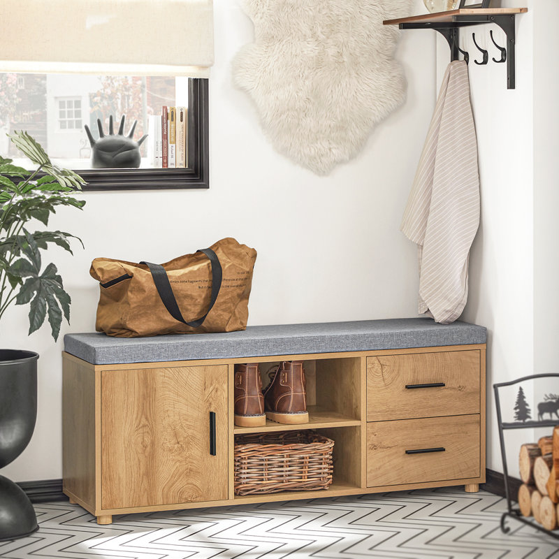 Entryway Storage Bench with Cushioned Seat, Drawers, Doors and Open Shelves, Natural Wood Shoe Organizer Bench, 43.3"W x 13.8"D x 17.7"H
