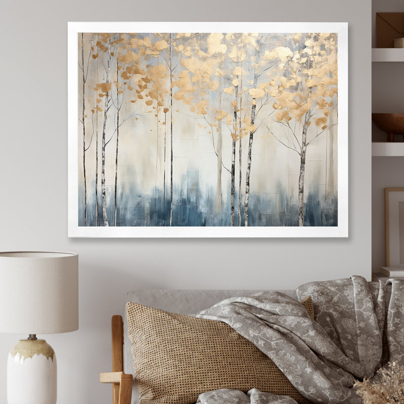 Minimalisme bleu et forêt dorée II - forêt, art mural, Cadre simple blanc, H 16 po x l 32 po x P 1 po