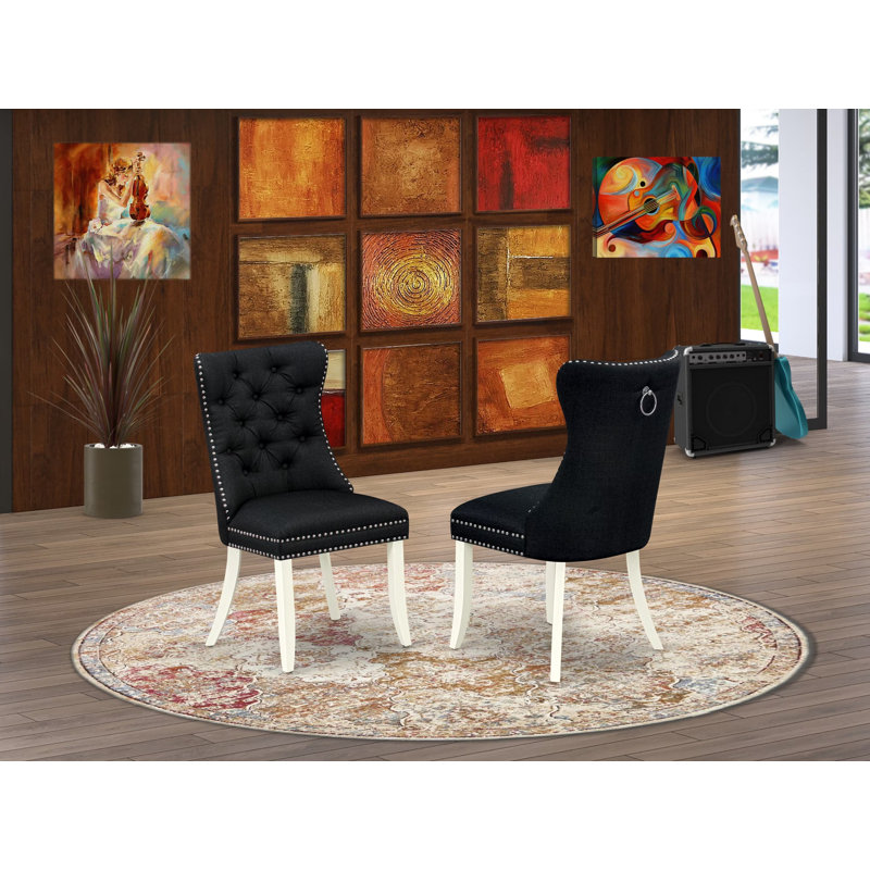 Dallas Parson Dining Chairs - Button Tufted Nailhead Trim Black Polyester Fabric Upholstered Chairs, Set of 2, Wirebrushed Bright Linen white