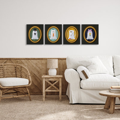 Halloween Ghosts & Pets 4pc Framed Giclee Set, design by Jennifer Stith
