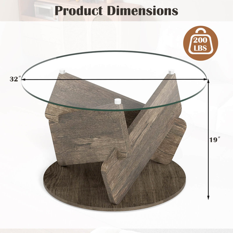Table basse ronde ronde en verre 32 po avec plateau en verre trempé transparent