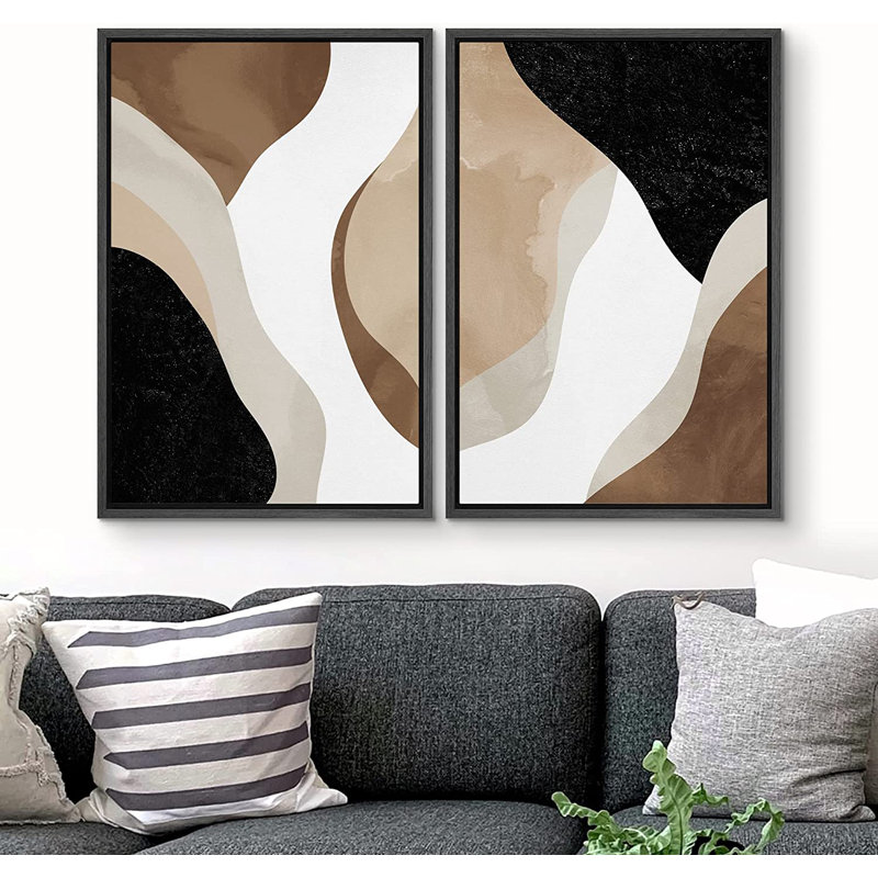 «Watercolor Tan Brown Waves Organic Modern Abstract Art», reproduction d'art encadrée sur toile, H 36 po x l 48 po, Noir