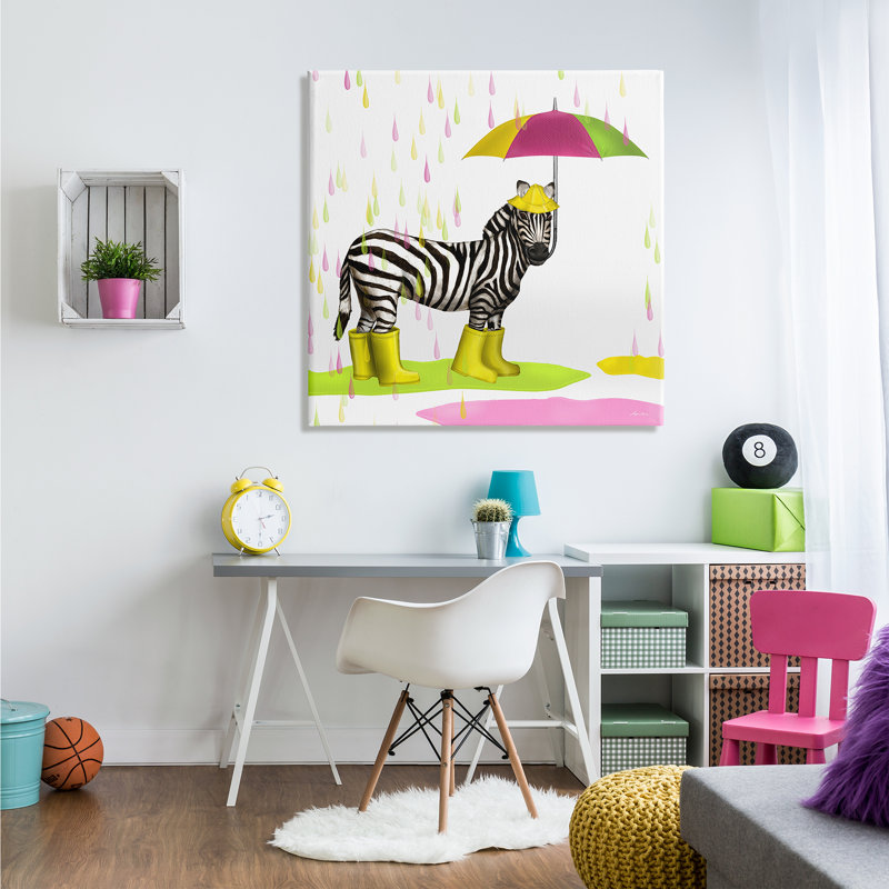 «Rainy Day Zebra Umbrella Pink Green Rain» par Hugo Edwins - impression, Toile tendue, H 36 po x l 36 po x P 1,5 po