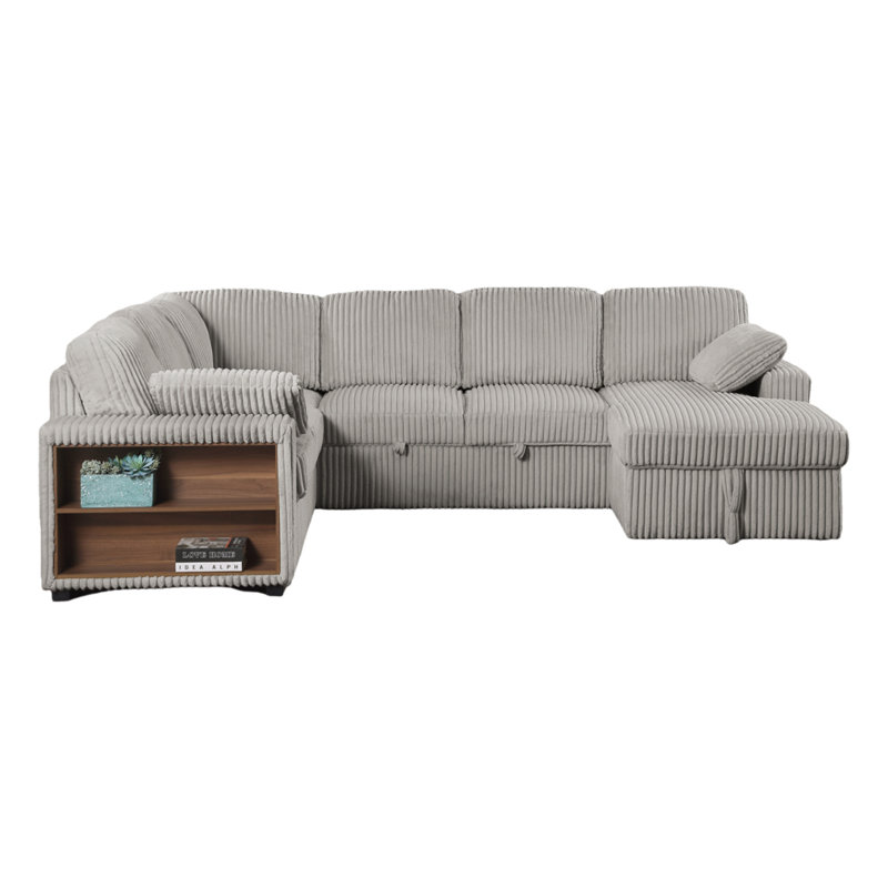 Canapé en velours côtelé de style divisé avec fauteuil inclinable et accoudoirs de rangement, Gris clair