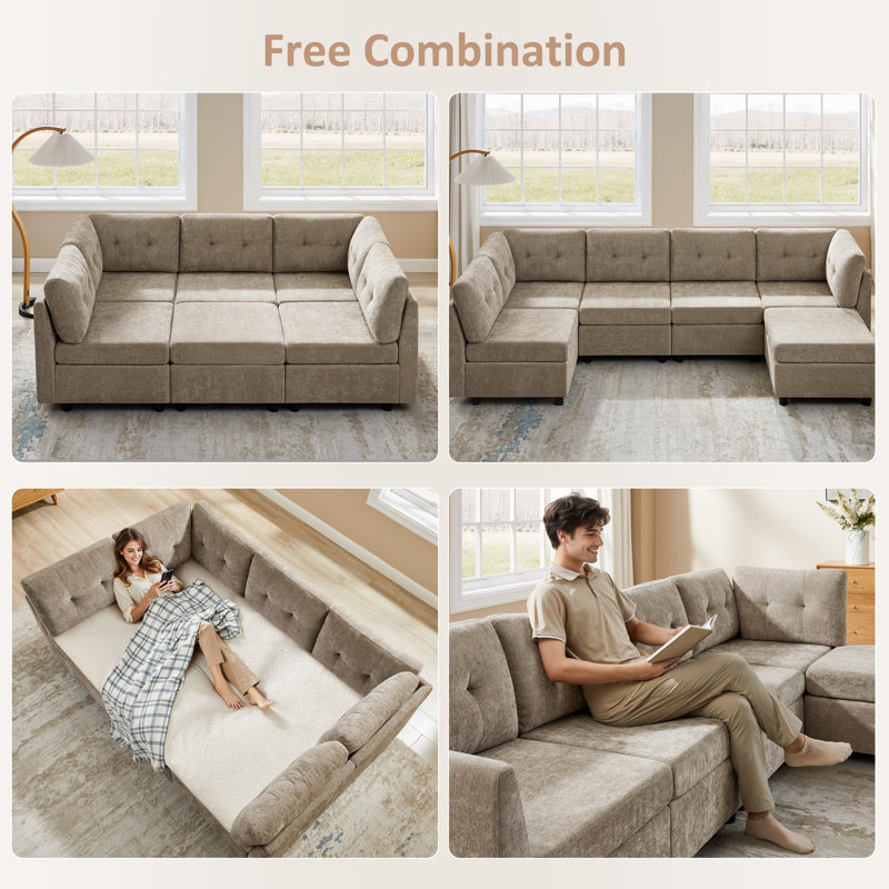 Chenille Upholstered Sectional Sofa Couch With Ottoman, Camel Polyester