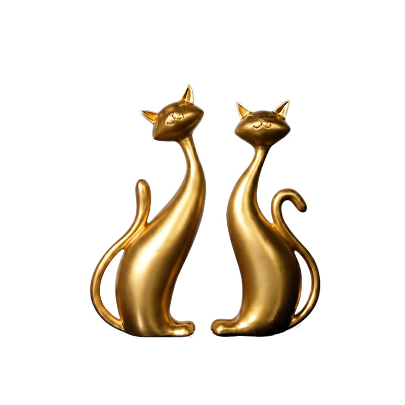Gold Cat Figurine Set of 2, Modern Resin Cat Statues with Long Necks and Curled Tails 